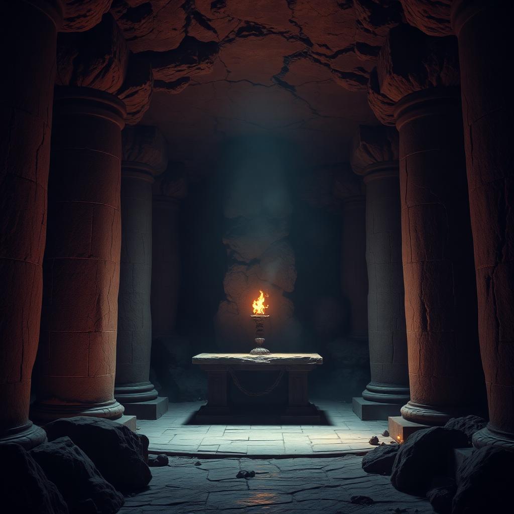 Torchlit altar deep inside the buried Grumble Fane